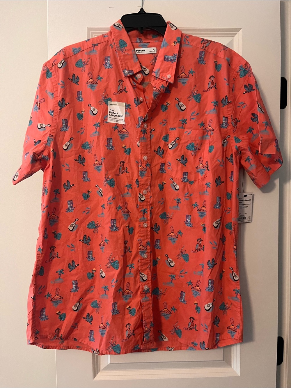 Sonoma Coral Short-Sleeve Button-Down Shirt with Blue and Teal Tropical Accents